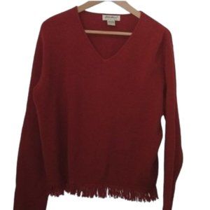 Eddie Bauer Red 100% Wool Sweater -LS V-Neck Size L - Fringed Hem